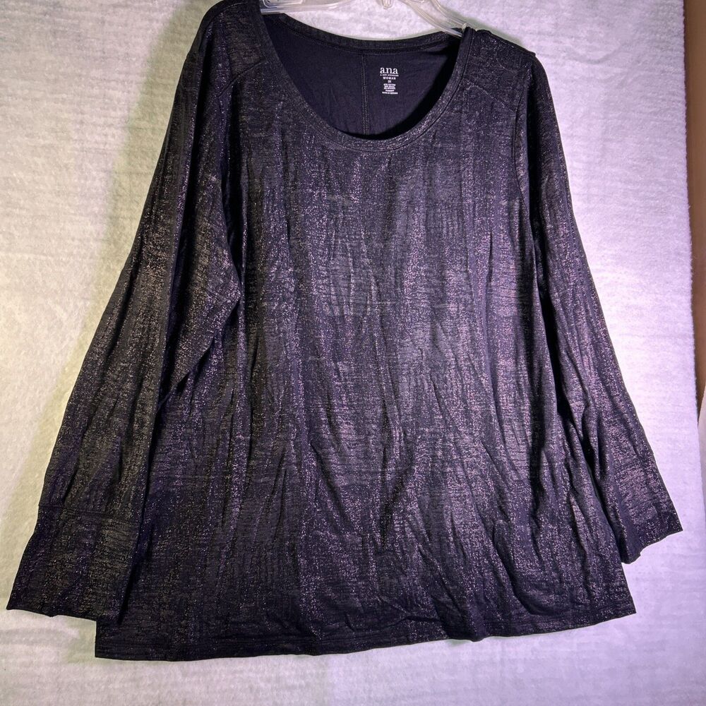 A.N.A. Womens Tunic 2XL Black With Silver Tones Long Sleeve Stylish Comfy